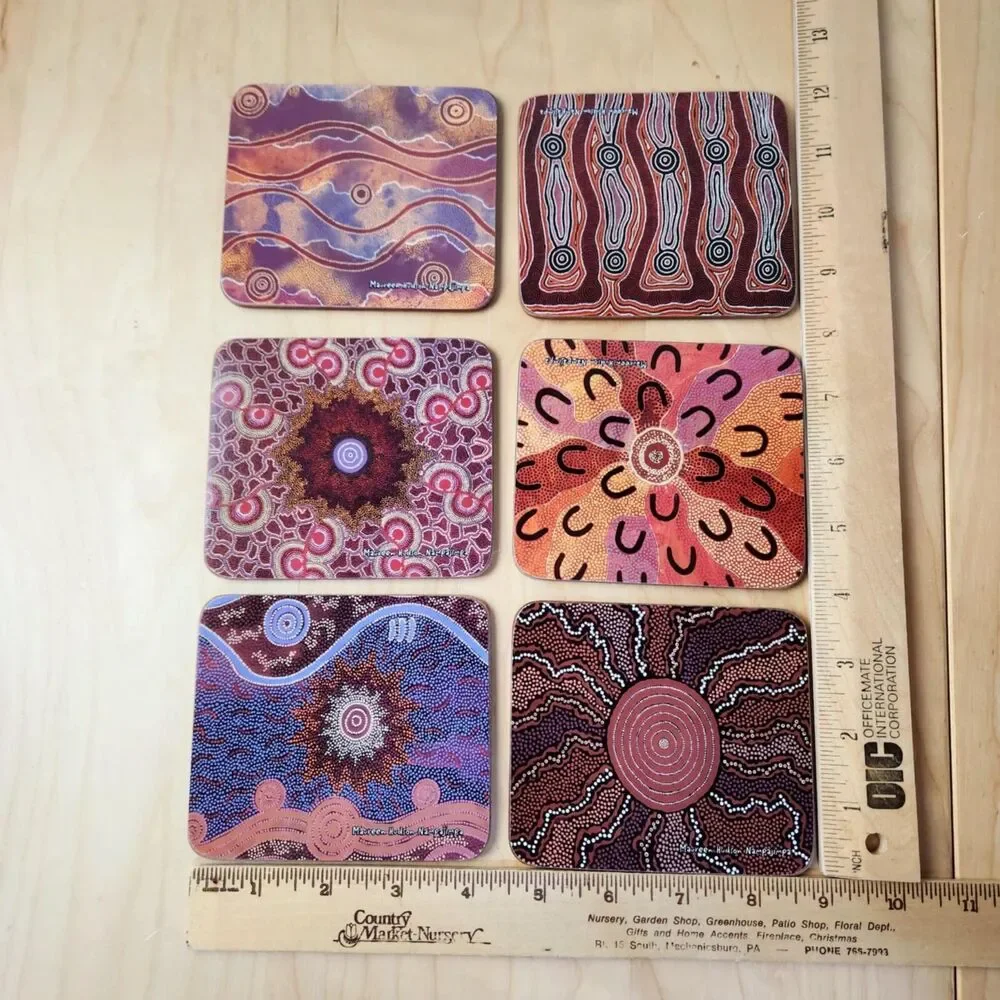 Yijan Aboriginal Art Australia Set of 6 Coasters Fire & Water Dreaming Folk Art